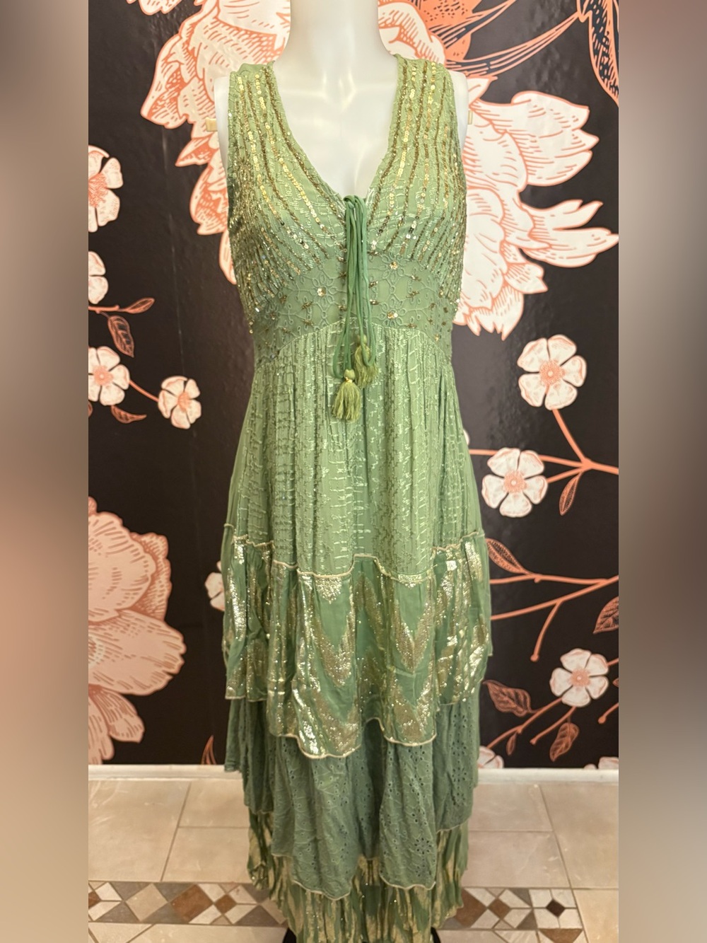 NWT Gorgeous Sage Green and Gold Resort Luxe Tiered Embellished Maxi Dress - Picture 5 of 16